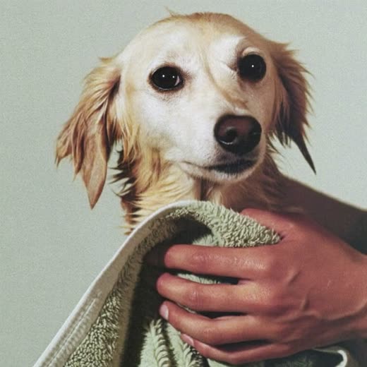 A long-haired dog being towel dried after a wash